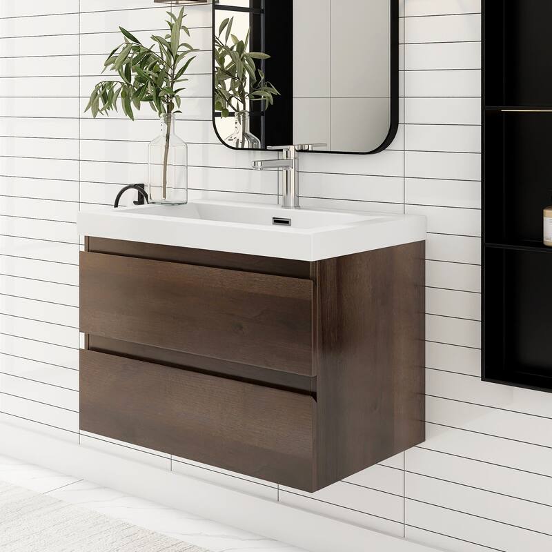 MDF Wall-Mounted Bathroom Vanity Set in Grey Oak with Integrated Culture Marble Sink