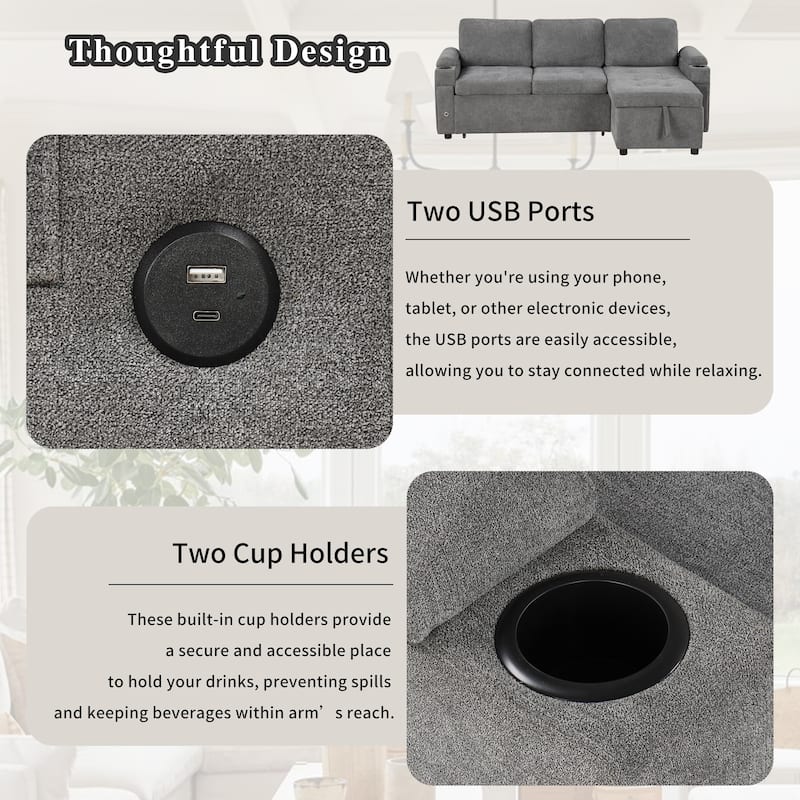 83.5" L-Shaped Convertible Sectional Sofa Bed with Storage Chaise Cup Holders USB Ports Chenille Couch for Living Room