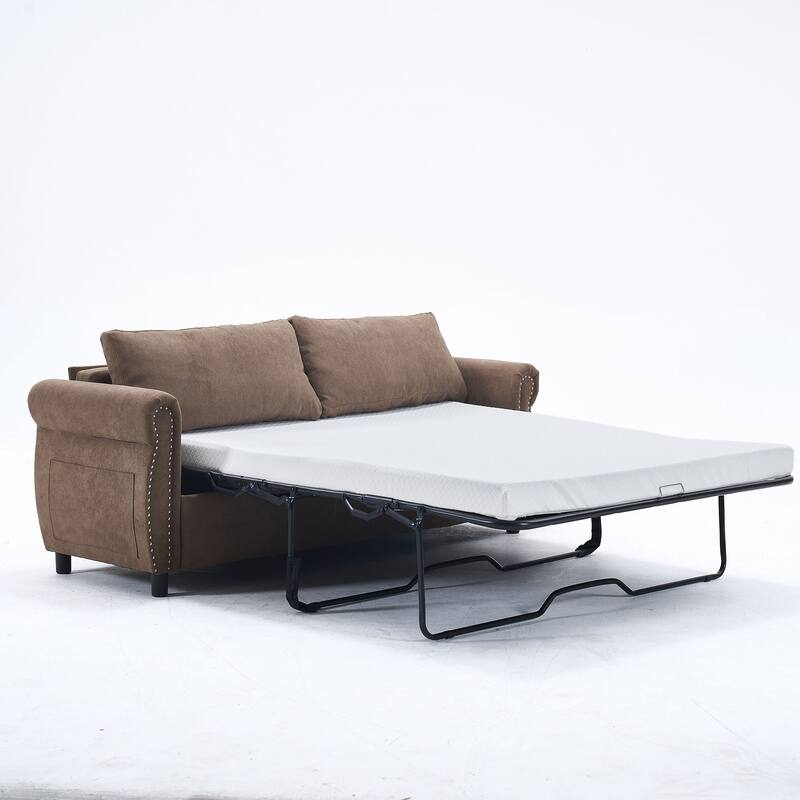 63″ Polyester 3-Seater Sleeper Sofa with Pull-Out Mattress & Retro Rivet Arms