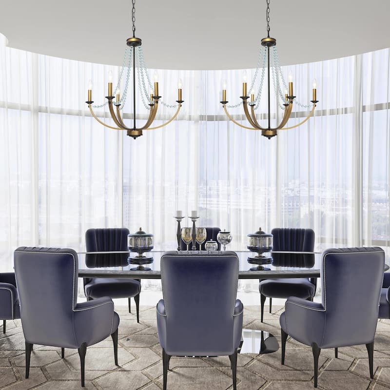 Mid-century Modern 6-Light Empire French Country Boho Dining Room Chandelier with Crystal Beads - D25" x H28.5"