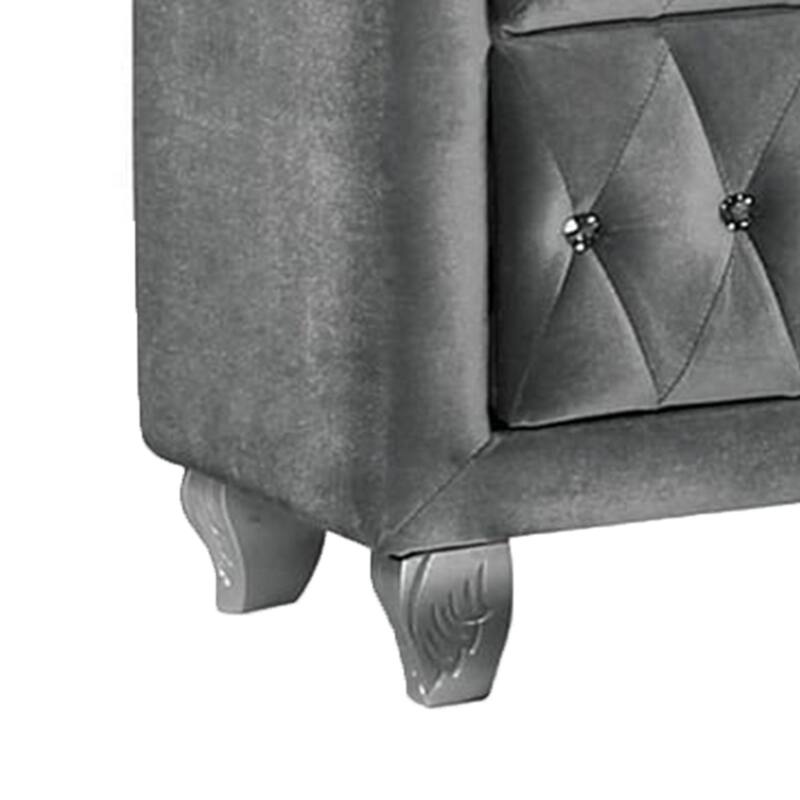 Rea Nightstand, 26 Inch, 2 Drawers, Button Tufted Gray Fabric