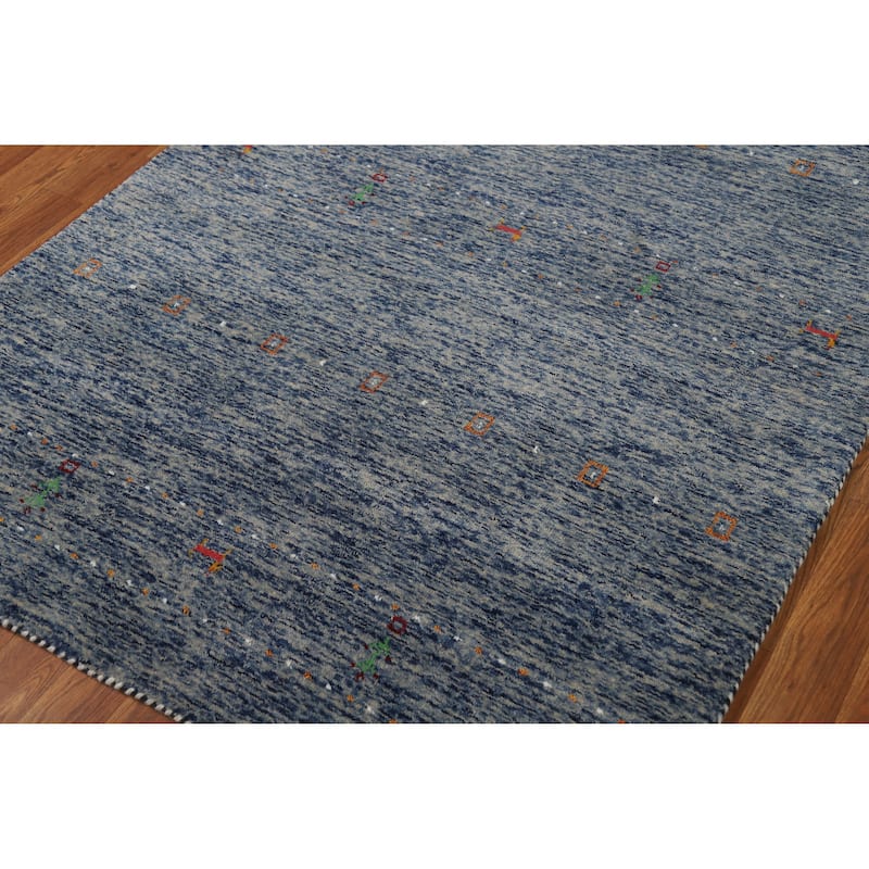 Striped Blue Gabbeh Oriental Rug Hand-Knotted Wool Carpet - 4'0" x 5'10"