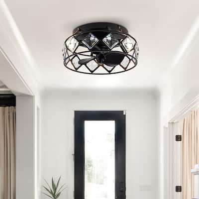 12.2" Black Small Caged Crystal Ceiling Fan Ceiling Light with Remote
