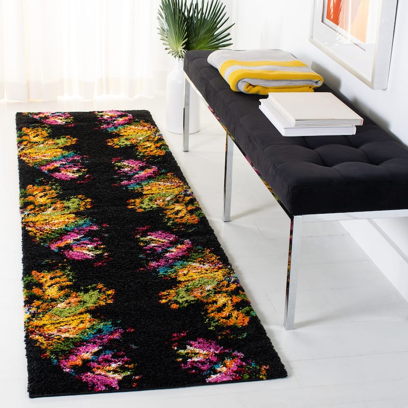 SAFAVIEH Fiesta Shag Asla Abstract Rug - 2'3" x 8' Runner - Black/Yellow