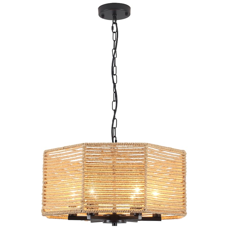18.89-inch Bohemian-style 6-light octagonal metal chandelier with twine lampshades and adjustable height