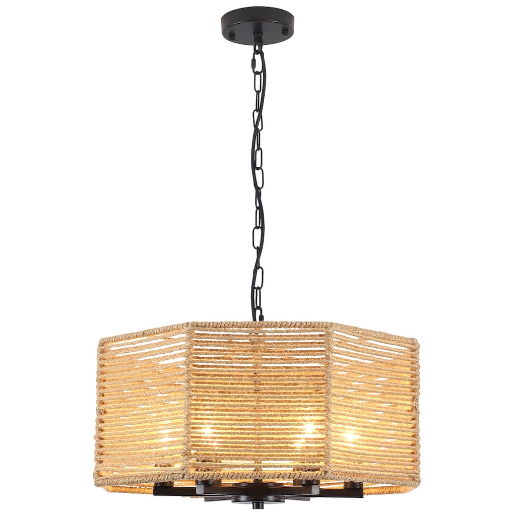 18.89-inch Bohemian-style 6-light octagonal metal chandelier with twine lampshades and adjustable height