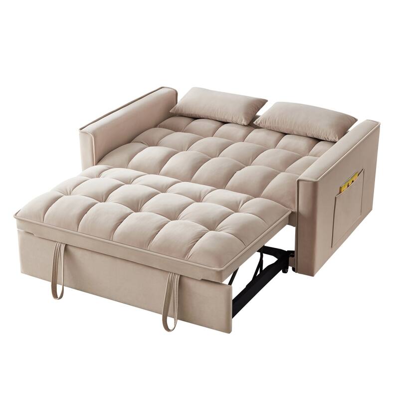 4 in 1 Convertible Loveseat Sofa Couch w/ Armrests & Storage Pockets, Tufted Pull-out Sofa Bed w/ Adjustable Backrest & Pillows