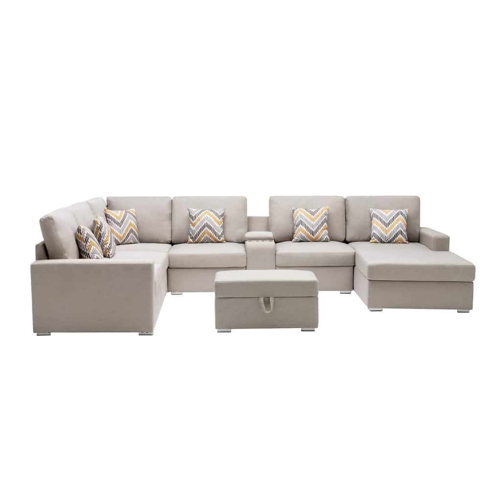 Linen Fabric 8 Piece Reversible Chaise Sectional Sofa with Storage Ottoman, and Storage Console Table