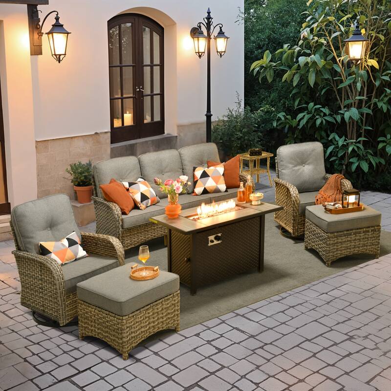 OVIOS 7-piece Patio Wicker Conversation Furniture Set With Fire Pit