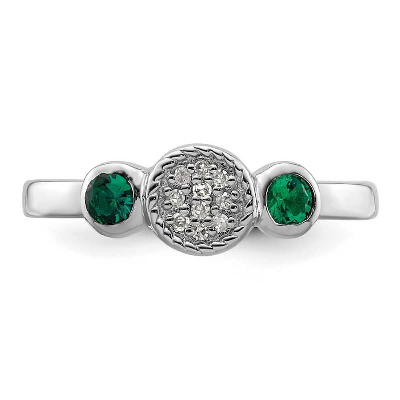 Curata 925 Sterling Silver Bezel Polished Prong set Stackable Expressions Db Round Cr. Emerald and Dia. Ring