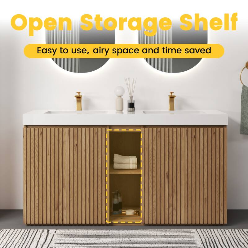 GDFStudio - Galan 60" Freestanding Bathroom Vanity with Quartz Sink, Solf Close Doors, Open Storage Shelf, NO Drain & Faucet
