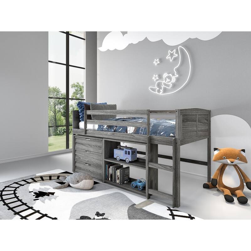 Taylor & Olive Dardanelle Grey Wood Twin Low Loft Bed - Twin Loft - 3 Drawer Chest and Small Bookcase
