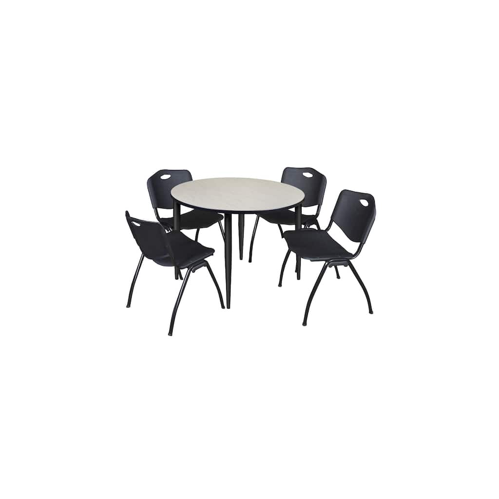 48 in. Round Breakroom Table- Maple Top, Black Base & 4 M Stack Chairs- Black