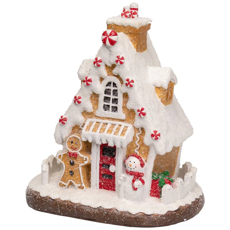 Snowy Gingerbread Peppermint House with Snowman Christmas Decoration - 11"
