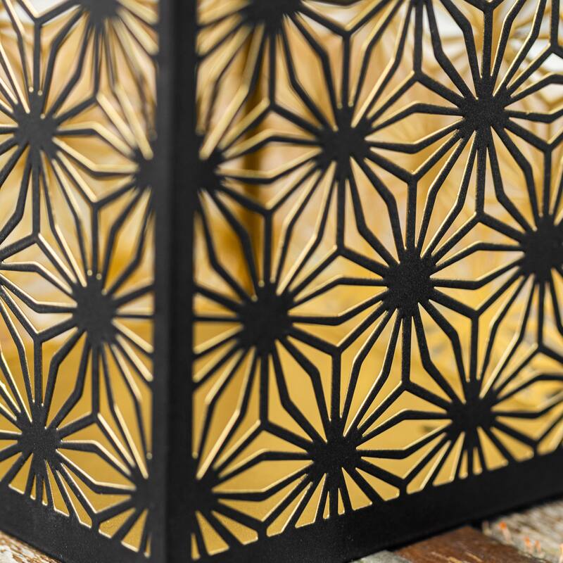 Glitzhome 11"H Black Metal Cutout or Square Textured Glass Pattern Solar Powered Hanging Lantern with LED Light