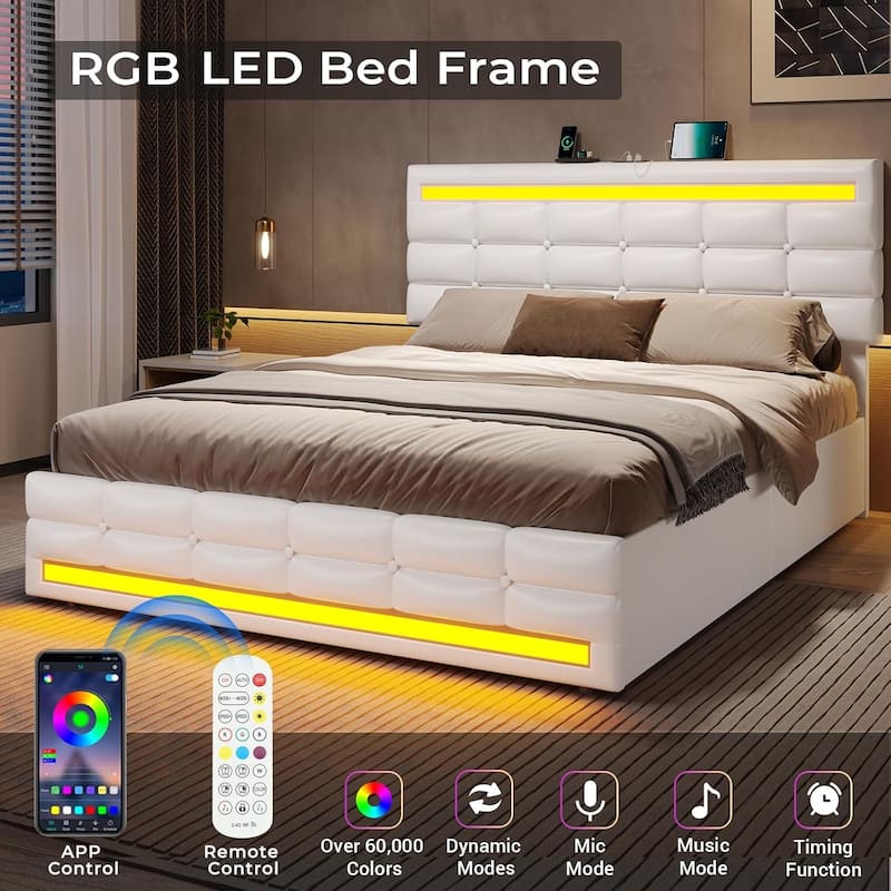 LED Bed Frame Platform Bed 2 USB Ports 4 Storage Drawers