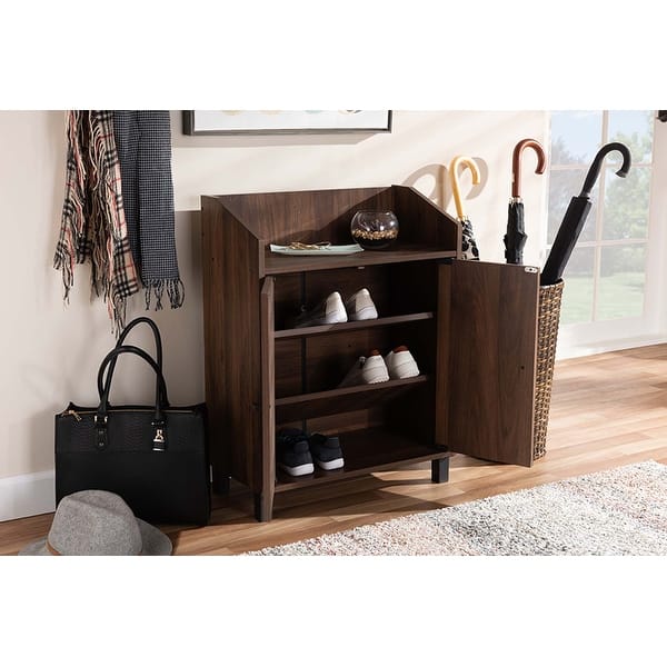 Shop Brighton Walnut Brown Finished 2 Door Wood Entryway Shoe Storage Cabinet W Open Shelf On Sale Overstock 31490634