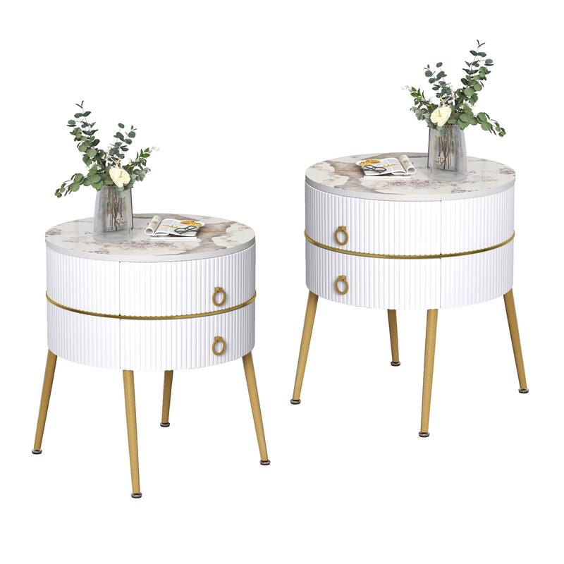 Myhozm Round End Table with Storage, Barrel-Shaped Nightstand for Living Room, Bedroom