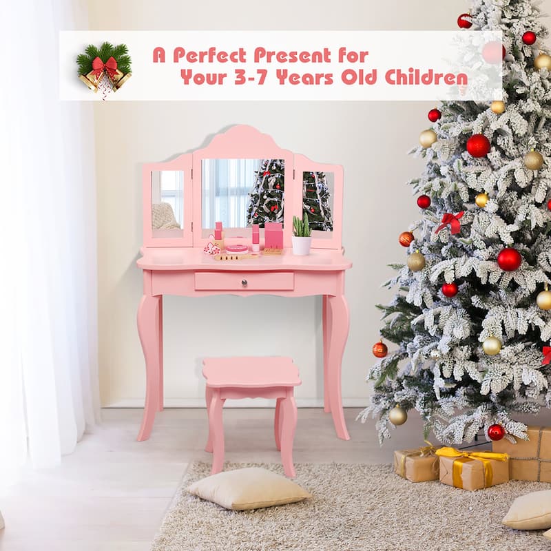 Kids Vanity Table and Stool Set Princess Makeup Dressing Table
