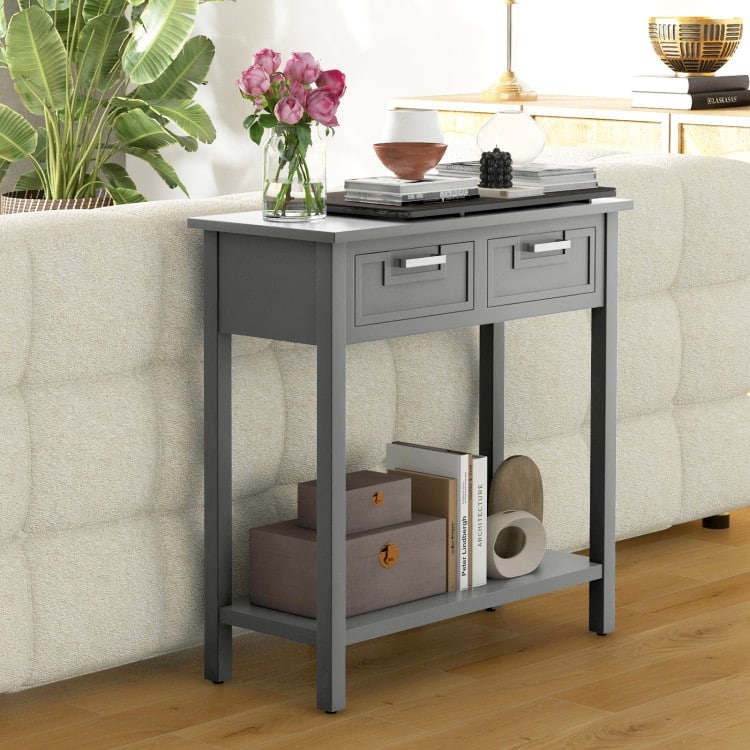 Wooden Console Table with 2 Drawers and Open Storage Shelf for Hallway