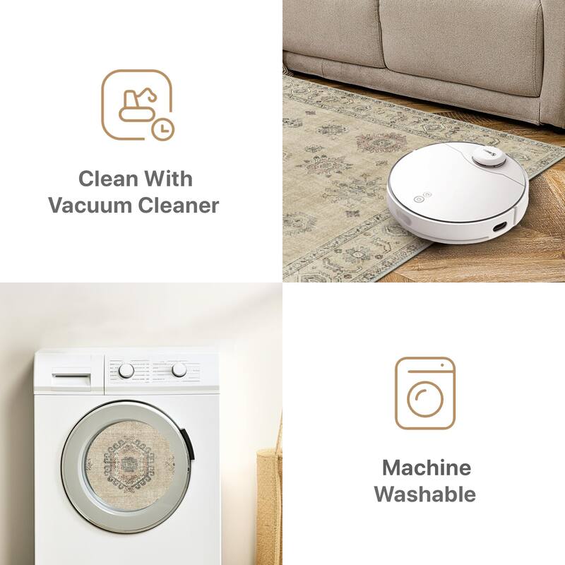 Mcow Vintage Floral Low-Pile Machine Washable Non-Slip Area Rug