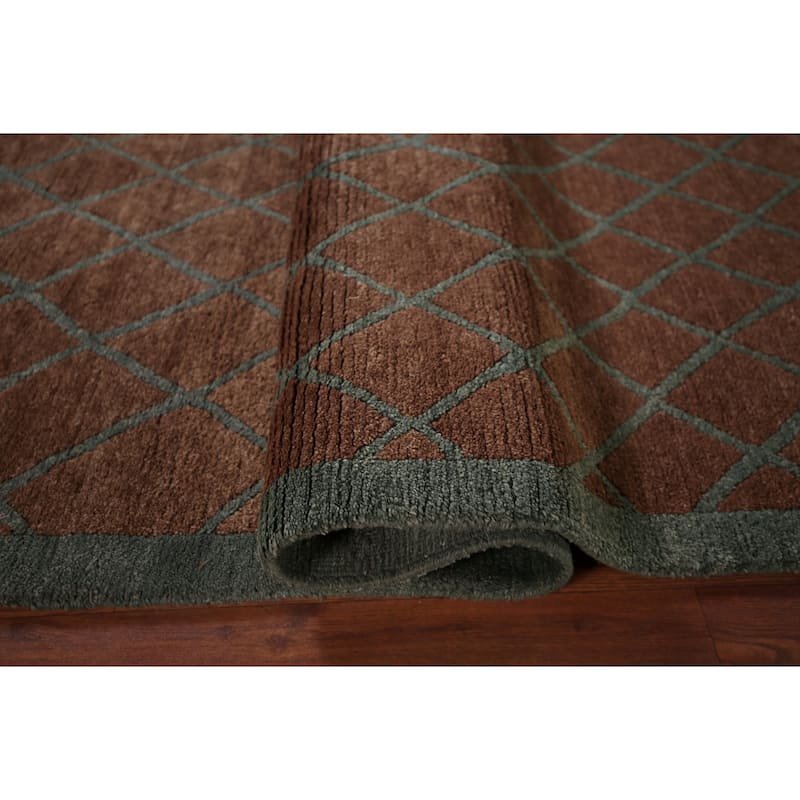 All-Over Brown Trellis Nepalese Oriental Rug Hand-Knotted Wool Carpet - 5'0"x 8'1"