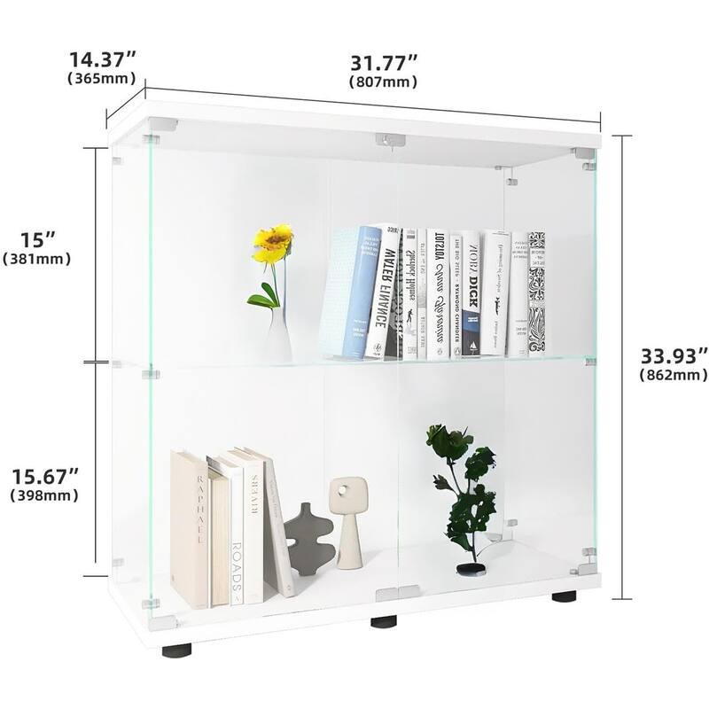 2 Shelves Display Cabinet with Glass Doors, Glass Display Cabinet, Floor Standing Curio Display Cabinet Trophy Display Case