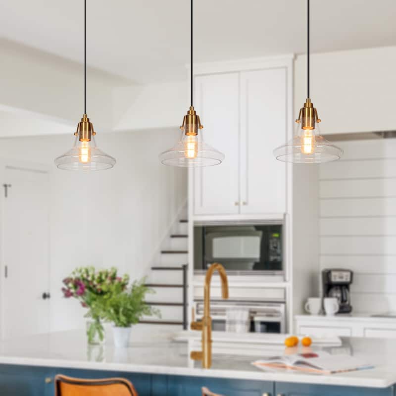 Modern Farmhouse 1-Light Black Gold Cone Shaped Glass Pendant Light for kitchen Island - 8.5" D x 8" H
