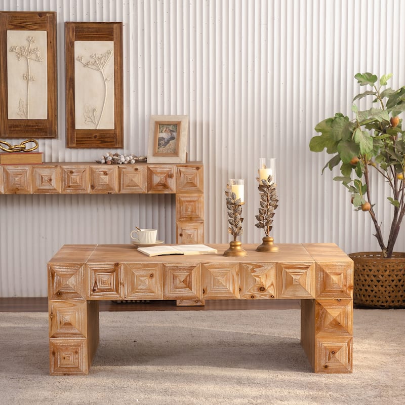 47.24" Rustic Geometric Relief Coffee Table - Solid Wood & MDF Rectangle Coffee Table with 3D Carved Details for Living Room