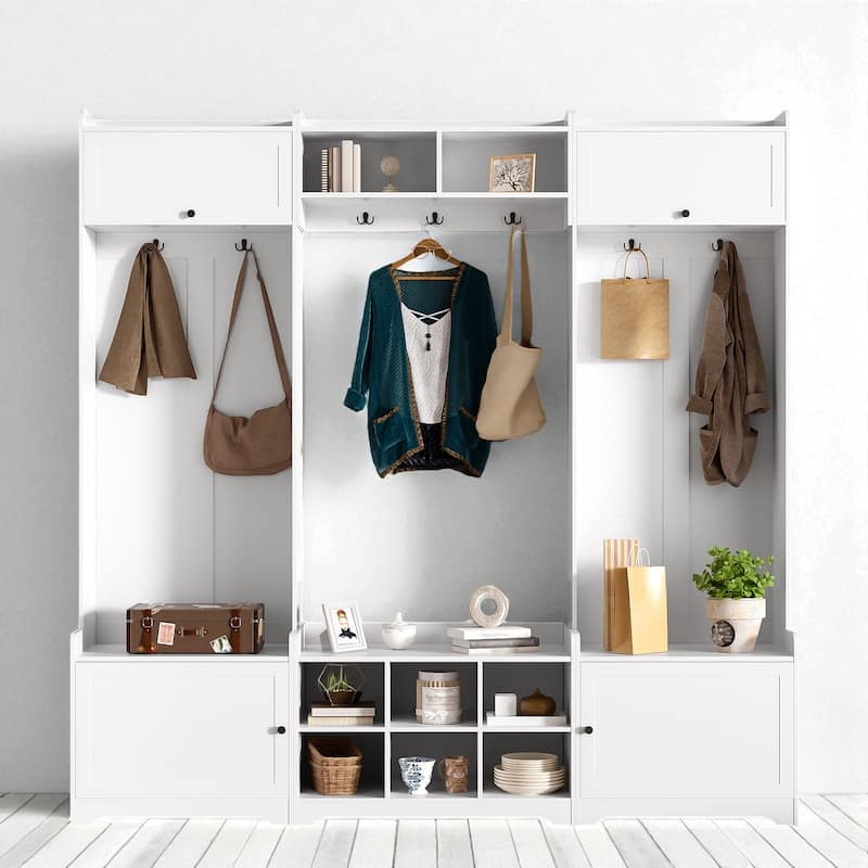 79" Wide Modern Hall Tree with 8 Cubbies, 7 Hooks, Adjustable Shelf & Storage Bench for Entryway and Hallway - White