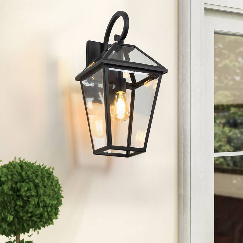 21"(H) 1-Pack Outdoor Wall Lantern Light - Modern Black Metal & Clear Glass Sconce for Porch, Patio, and Garden Lighting - Black