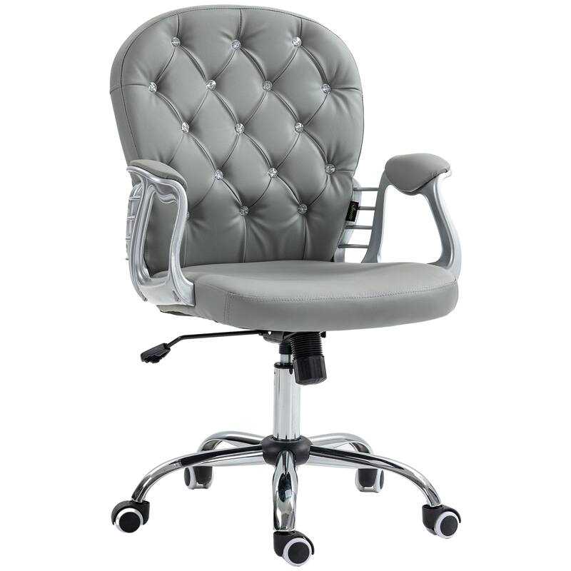 Ergonomic Leather Office Chair with Button Tufted Design, Padded Armrests, and Adjustable Height for Home Office - Grey