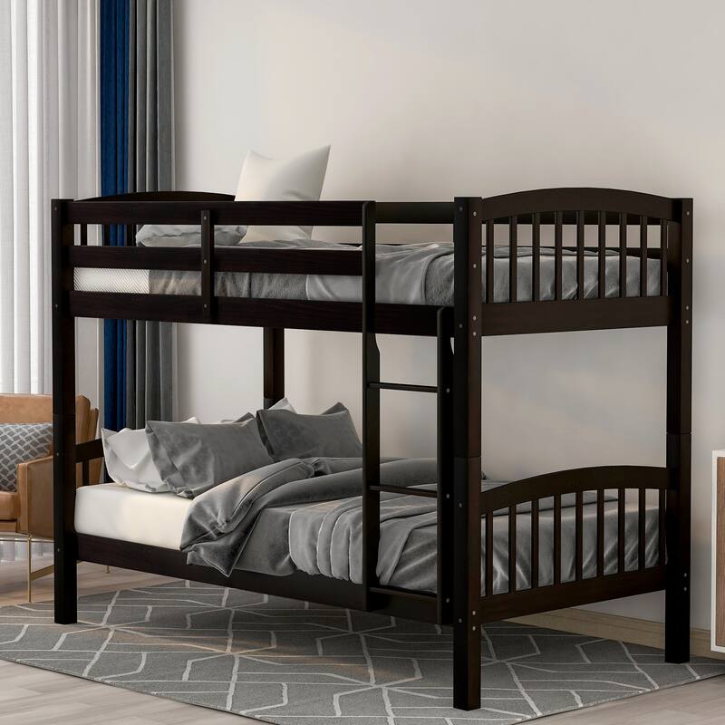 Twin Over Twin Bunk Bed with Ladder, Solid Wood Bed Frame with Safety Guardrail for Kids Teens Girls Boys, No Box Spring Needed