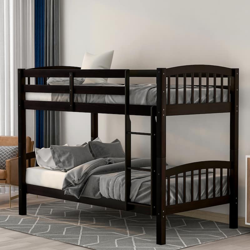 Twin over Twin Solid Wood Bunk Bed with Ladder and Fence