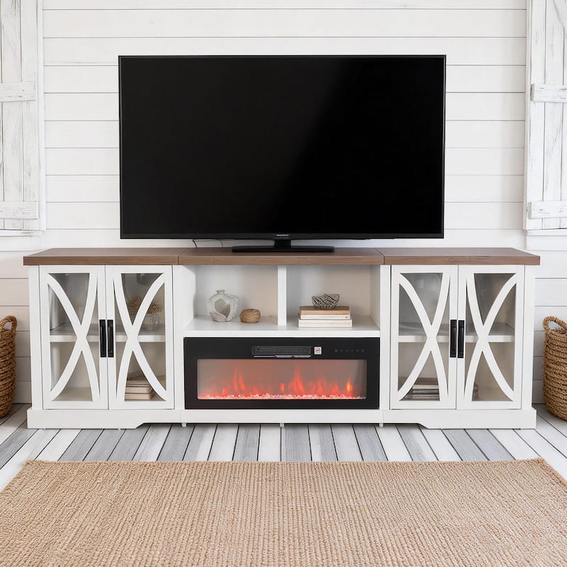 93" Farmhouse White Glass Barn Door Storage Fireplace TV Stand Console with 36" Electric Fireplace for TVs Up to 100"