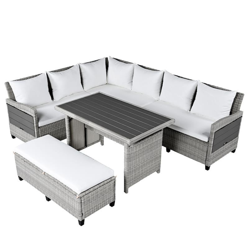 Roomfitters 5-Piece Outdoor Rattan Sofa Set, Patio Sectional Furniture with Dining Table, Storage Bench, Side Trays