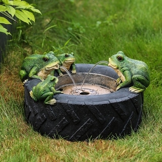 Black Resin Old Tire Frog Friends Outdoor Fountain - 10" H x 15.9" Diameter