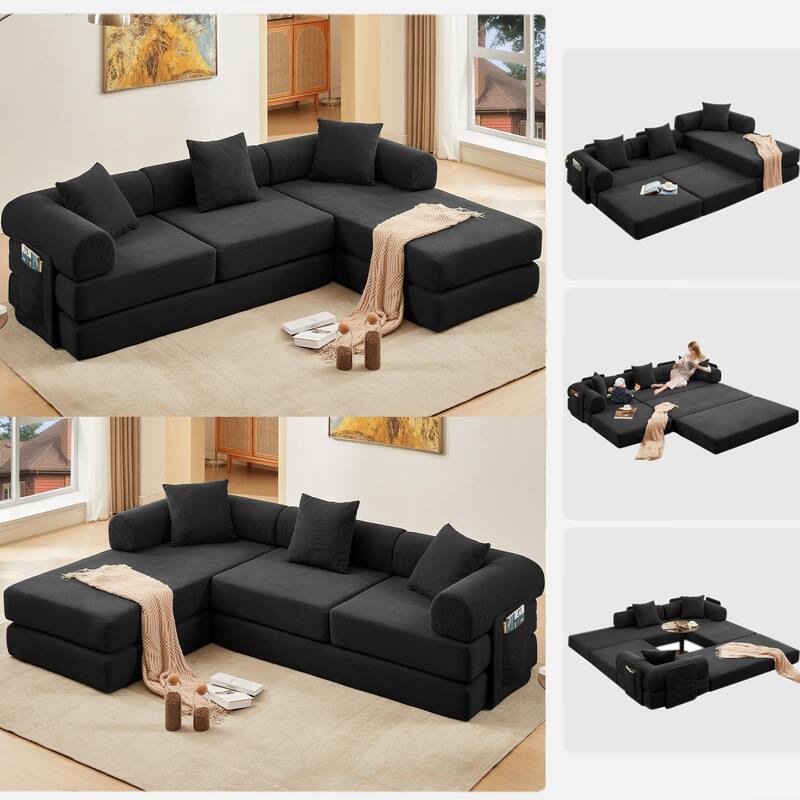 107" L-Shaped 6-in-1 Corduroy Modular Sectional Sofa, Convertible Out Sofa Bed, 4-Seat, Black - Multi-Color