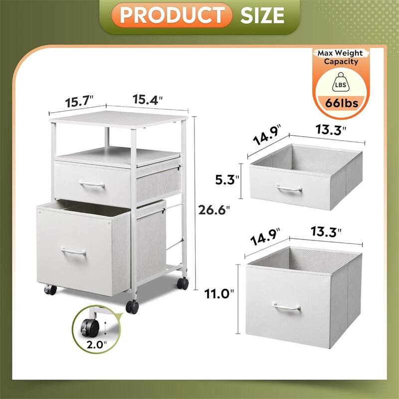 2 Drawer Mobile File Cabinet - 15.7"D x 15.4"W x 26.8"H