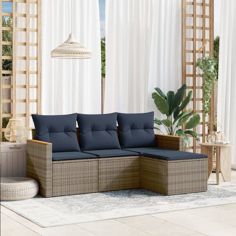 vidaXL Patio Sofa Set with Cushions Outdoor Conversation Furniture Poly Rattan - 21.7x 24.4x 27.2 - Grey and Blue-Without table