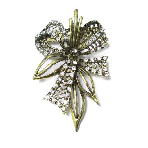 Set of 2 Ribbon Bow Crystal Rhinestone Vintage Brooch Pin Decorative Accent Piece 2.5in - 2.5" H x 1.5" W x 0.75" DP
