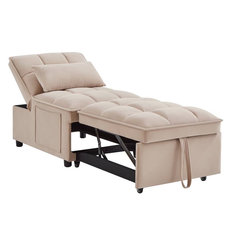 Velvet Multi-Function Chair Bed with Adjustable Backrest, Storage Pockets and Convertible Chaise Design