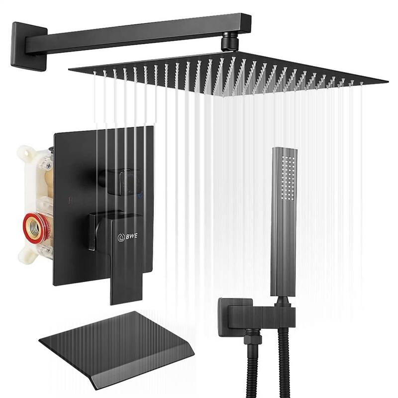 Wall Mount Tub Shower System With Handheld Black Shower Faucet Set With 10 Inch Shower Head Kit Trim With Pressure Balance Valve - Matte Black