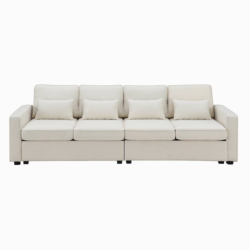 4-Seater Linen Fabric Sofa with Armrest Pockets and 4 Pillows
