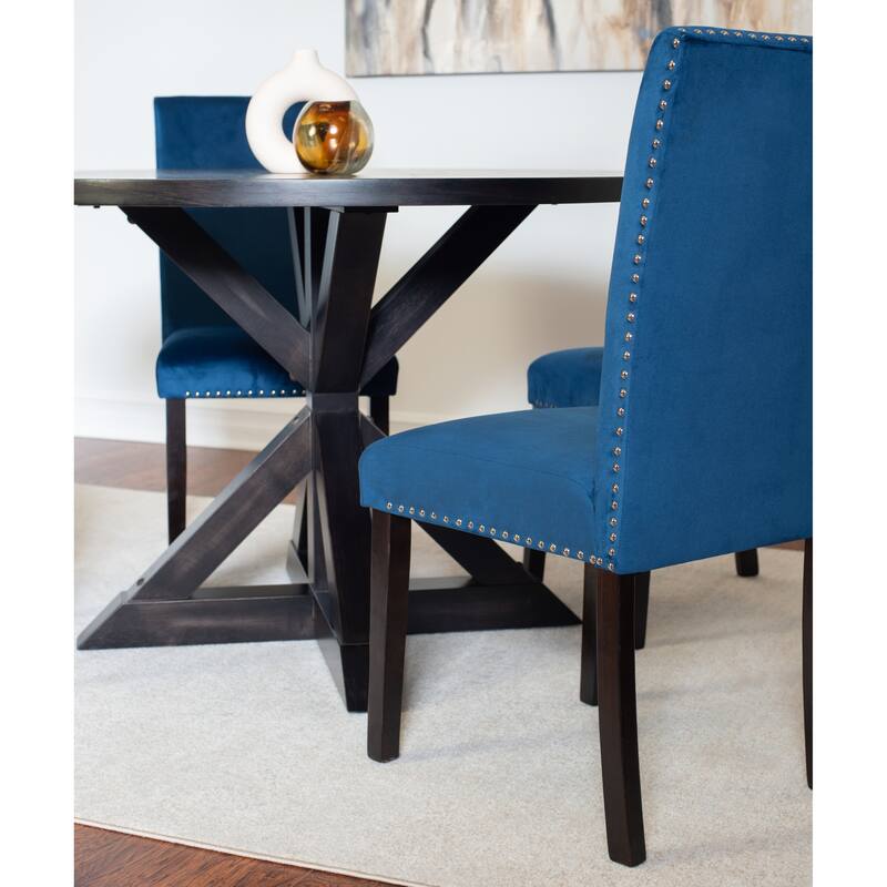 5-Piece Round Black Dining Table & Chairs Set with Blue Velvet Upholstered Dining Chairs for Dining Room