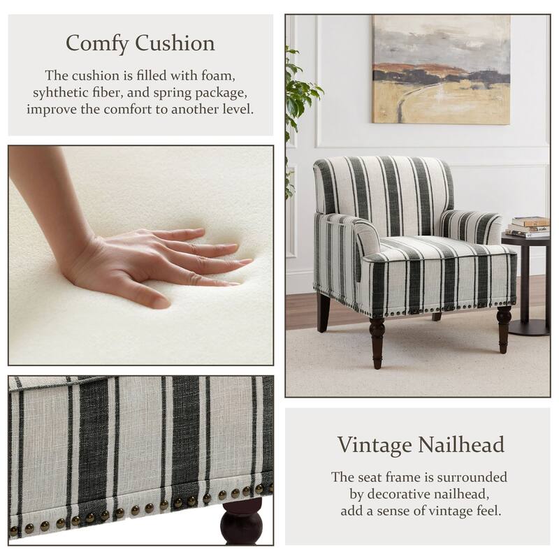 Striped Upholstered Linen Armchair with Brass Nailhead Trim