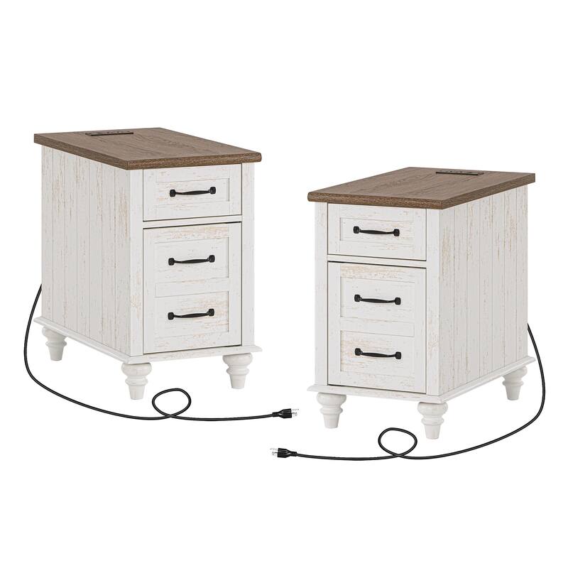 End Table with Charging Station, Side Table with Storage, Power Outlets & Type-C USB Ports for Living Room - 2 Pack - Antique White