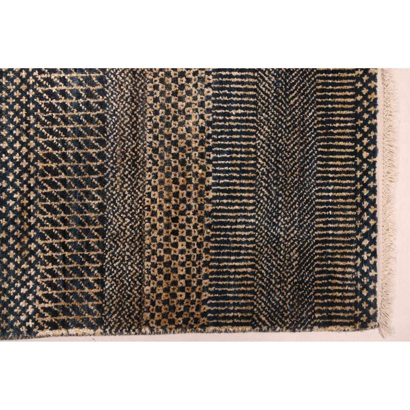 ECARPETGALLERY Hand-knotted Finest Silk Shadow Dark Navy, Ivory Viscose, Wool Rug - 6'1 x 9'2