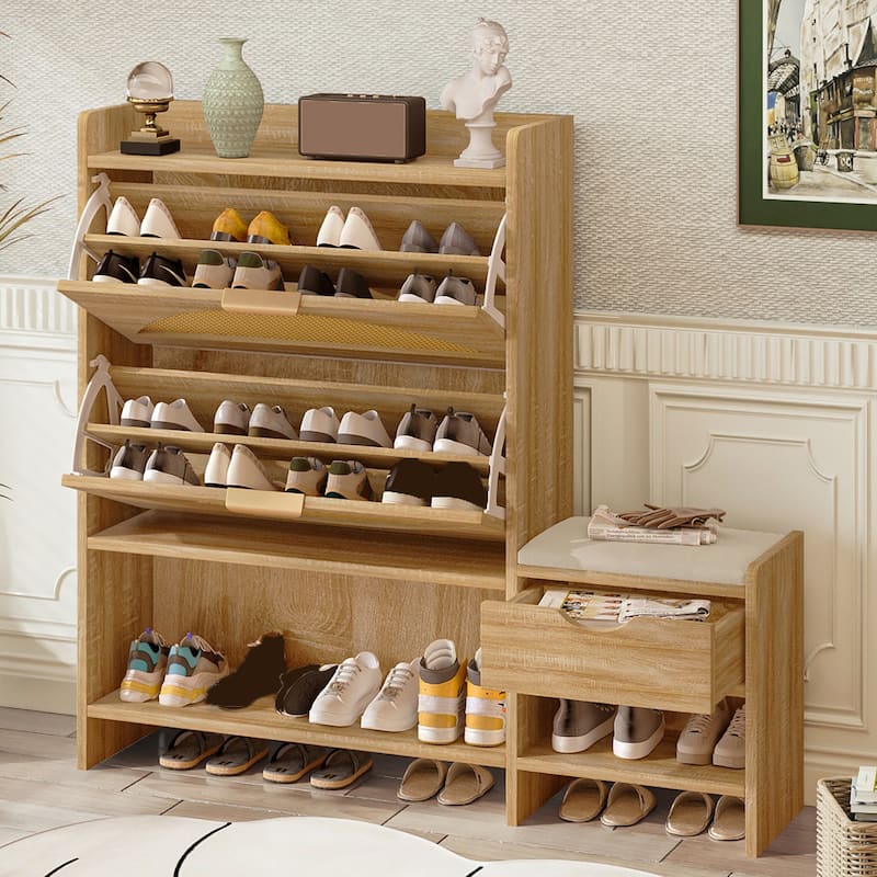 47.2" Shoe Storage Cabinet,Rattan Design Shoe Storage Organizer with 2 Flip Drawers,Hidden Storage Drawer and Bench - Brown