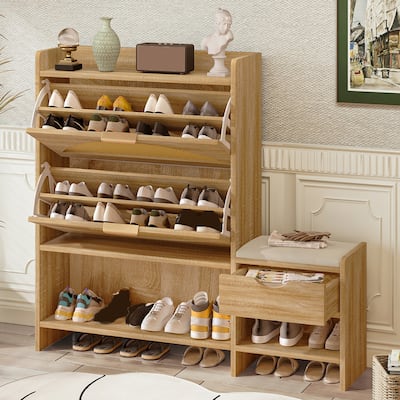 47.2" Shoe Storage Cabinet,Rattan Design Shoe Storage Organizer with 2 Flip Drawers,Hidden Storage Drawer and Bench